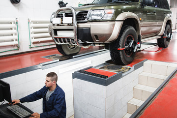 SUV Car Maintenance Auto Service Diagnostics Garage Repair Shop Mechanics Modern Concept