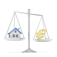 Isolated silver scales with golden euro and house on white background. Investment or savings concept. Real estate and currency. 3D rendering.