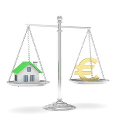 Isolated silver scales with golden euro and house on white background. Investment or savings concept. Real estate and currency. 3D rendering.