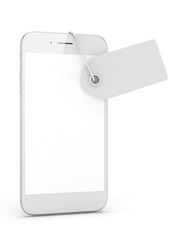 White smart phone with white price tag on white background. Identification, price, label. 3D rendering.