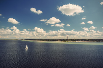 Fototapeta premium Sailboat on Baltic Sea near Kiel Laboe, Germany, Europe, vintage filtered style