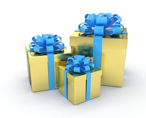 three gift boxes with bows isolated on white. 3d rendering.