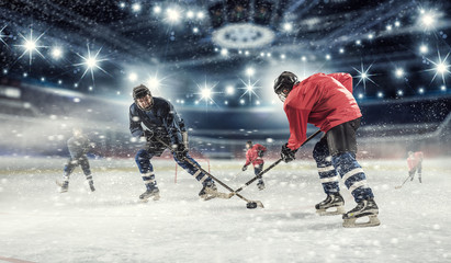 Hockey match at rink   . Mixed media