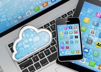 laptop, tablet pc, smart phone and cloud. 3d rendering.