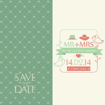 Green wedding invitation with little birds