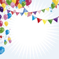 Sunburst party card with balloons and garlands