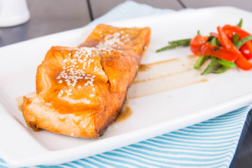 pan fried salmon in teriyaki sauce