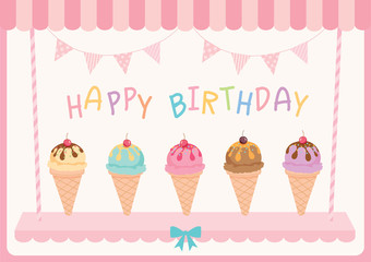 Illustration ice-cream various flavour for happy birthday card.Pink pastel colors.