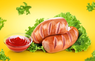 Fried sausages with ketchup and lettuce