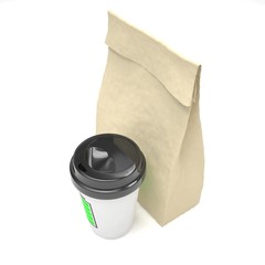 Coffee to go and lunch bag, on white. 3d rendering.