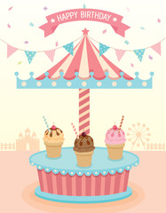 Illustration vector of ice cream merry go round booth in theme park festival party in beige background colors.
