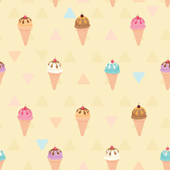 Vector seamless pattern of ice-cream cone sundae menu on beige pastel colors background.