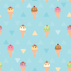 Vector seamless pattern of ice-cream cone sundae menu on blue and cyan pastel colors background.