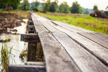 Old wooden bridge through the field .