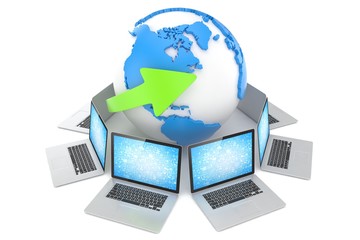 Laptop network around earth globe. 3d render