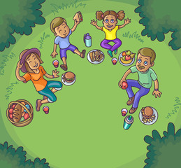 Happy family having picnic outdoors.