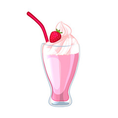 Strawberry milkshake with whipped cream. Drink in a glass with a straw. Cartoon icon. Isolated object on a white background. Vector illustration.