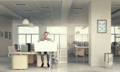 Man with empty banner . Mixed media