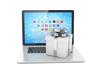 Gift box with ribbon bow on laptop keyboard. 3d rendering.