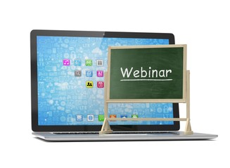 Laptop with chalkboard, webinar, online education concept. 3d rendering.