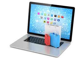 laptop and  shopping pags on white background. 3d rendering.