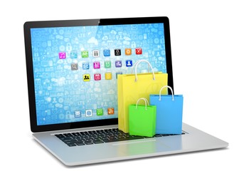 laptop and  shopping pags on white background. 3d rendering.