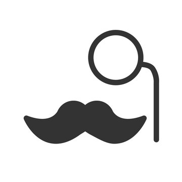 Mustache and monocle icon. Simple flat logo of mustache and monocle on white background. Vector illustration. Abstract vector hipster silhouette with monocle and mustache.