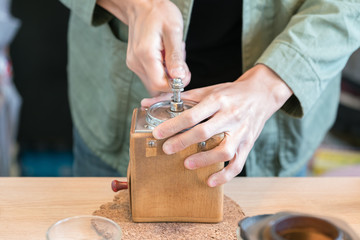 making coffee drip with vintage grinder
