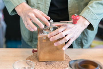 making coffee drip with vintage grinder
