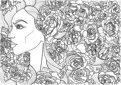 vector coloring beautiful girl in the texture flowers