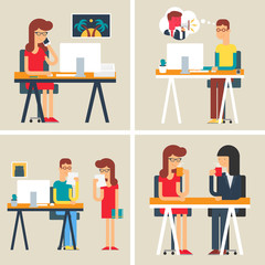 Office situations, workday, business people. Set of vector illus