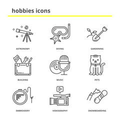 Hobbies vector icons set: astronomy, diving, gardening, building