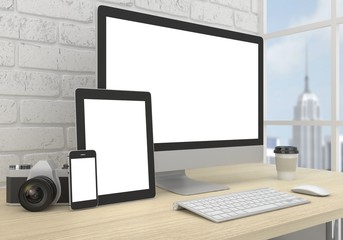 Fototapeta premium Responsive mockup screen. Monitor, tablet, phone on table in office. 3d rendering.