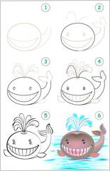 Obraz premium Page shows how to learn step by step to draw a whale. Developing children skills for drawing and coloring. Vector image.