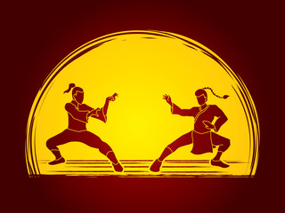 Kung Fu action ready to fight designed on moonlight background graphic vector.