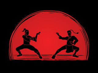 Fototapeta na wymiar Kung Fu action ready to fight designed on sunset background graphic vector.