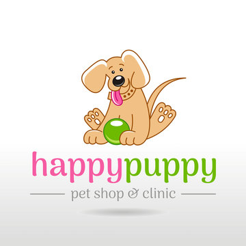 Vector linear illustration of funny cute happy puppy dog on white background. Cartoon logo icon design template. Abstract symbol for pet shop, veterinary clinic, animal care concepts