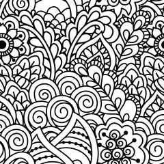 Seamless black and white background. Floral, ethnic, hand drawn elements for design. Good for coloring book for adults or design of wrapping and textile.

