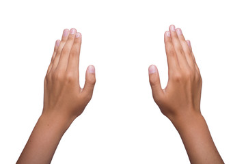 Two human hands on white