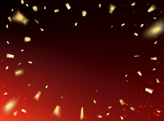 Golden confetti falls isolated over red sky background. Vector illustration.