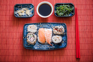 japanese sushi on bamboo mat