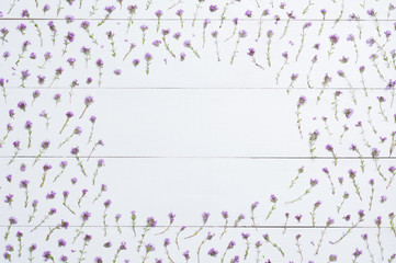 Thymes frame on white wood flat lay. Herbs put in the form of fr