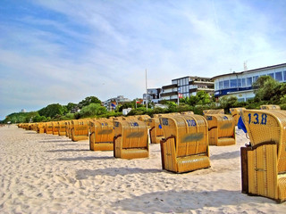 Naklejka na ściany i meble Beach in Scharbeutz with beach chairs, baltic sea, germany