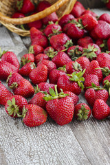 Fresh strawberry harvest scattered on rustic wooden table