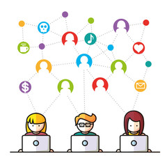 Social Media, network people with computers vector illustration