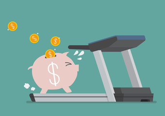 Piggy bank running on a treadmill