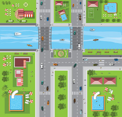 Top view of the city of streets, roads, houses, vector