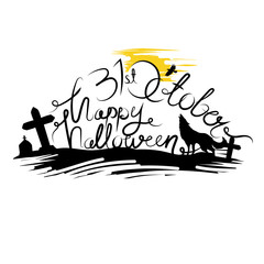 Happy Halloween Wording with Wolf, Crow, Moon and Grave, Hand Drawn style