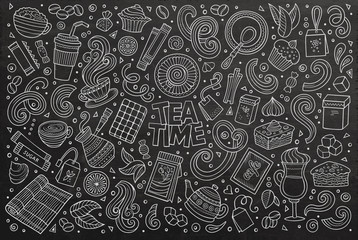 Vector doodle cartoon set of tea and coffe