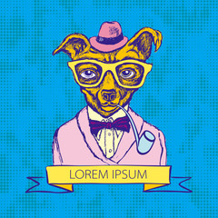 Hand Drawn Fashion Illustration of Doggy Hipster in colors vector